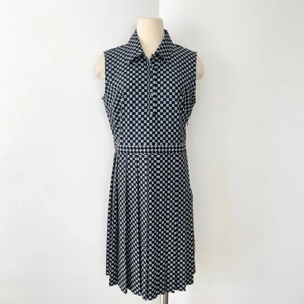 Tory Burch Performance Pleated Golf Dress Sleeveless Navy White Print XL NWOT